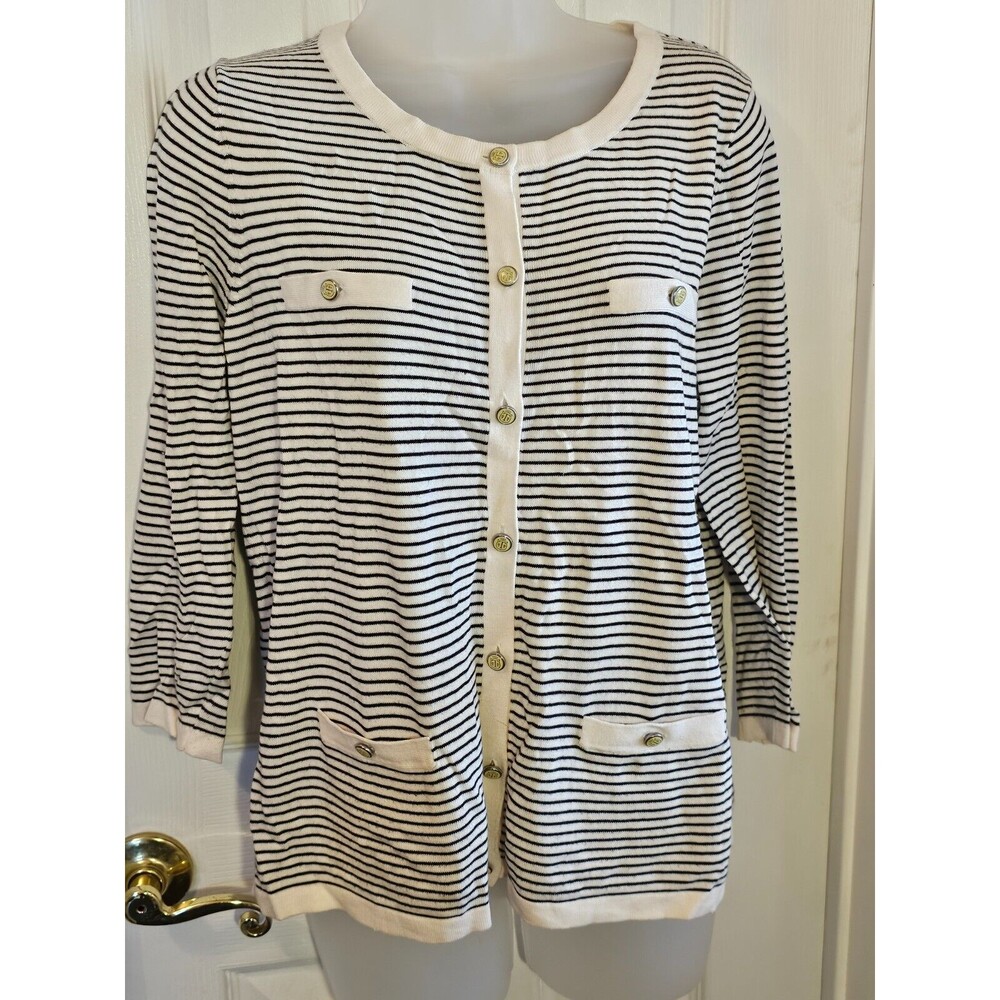 Talbots Cardigan Medium Sweater Striped Four Pocket Button Up Military